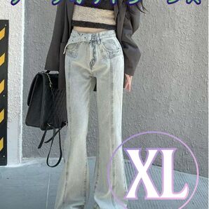 【XL・残り2着です!!】ブーツカットデニム ハイウエスト ヴィンテージ風 ワイドデニム ライトブルー美脚 脚長
