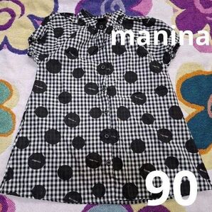 marina ギンガム 水玉 前開き ノーカラー シャツ ワンピース 90