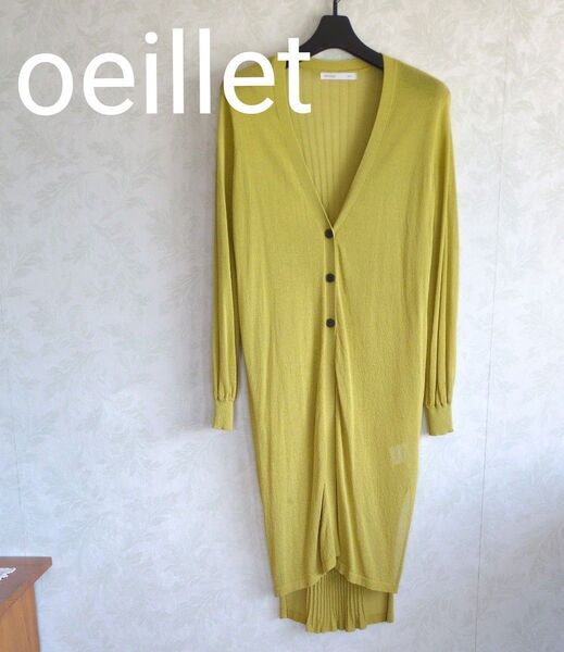 oeillet ウイエ ライムグリーンロングカーディガン プリーツ L 長袖 ニット