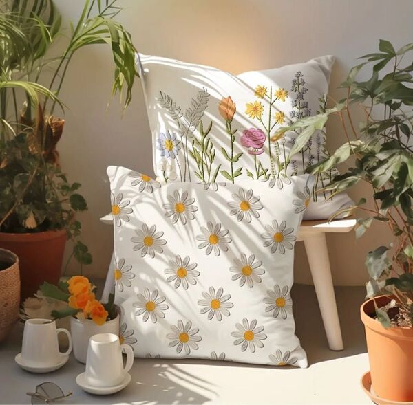 【2枚セット】花柄刺繍風プリント クッションカバー ホワイト 両面プリント