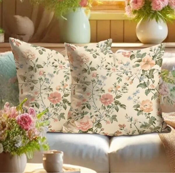 【2枚セット】花柄 小花 クリーム色【クッションカバー】