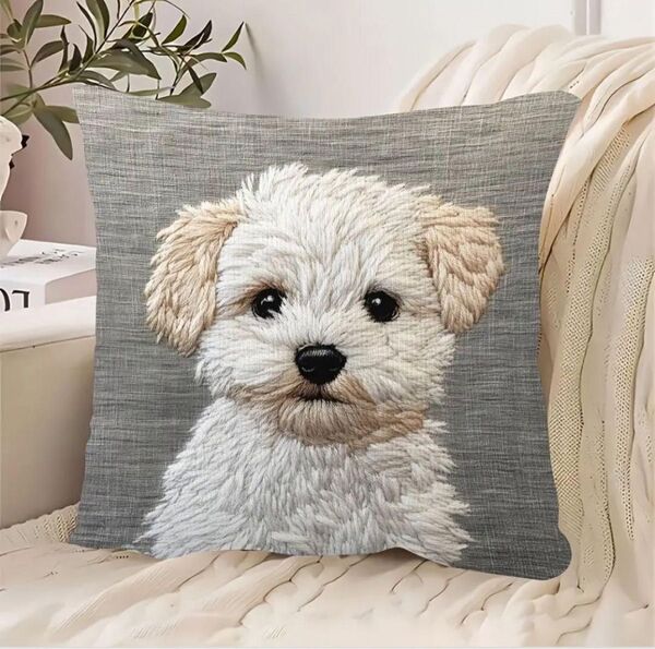 【クッションカバー】犬の刺繍風クッションカバー 可愛い 癒し 両面プリント