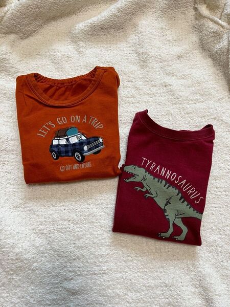 プティマイン 恐竜Tシャツ GU カンタンT オレンジ色 車 刺繍 長袖Tシャツ 80