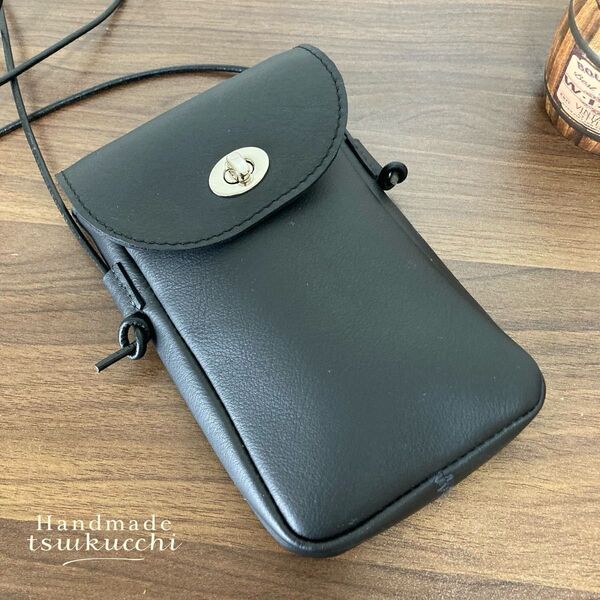 ハンドメイド 本革スマホポシェット ショルダーバッグ 革紐 ブラック