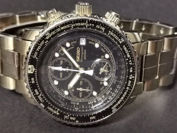 ジャンク SEIKO フライトマスター SNA414 パイロット ウォッチ クロノグラフ カレンダー 回転ベゼル ゴールド