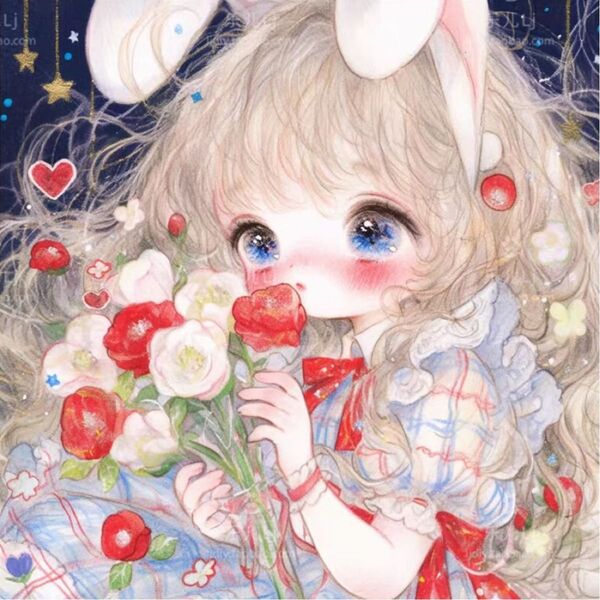 クロスステッチキット うさ耳少女と薔薇(11CT、図案印刷あり)
