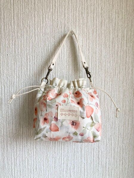 4222 ハンドメイド 持ち手付き巾着ポーチ★花柄