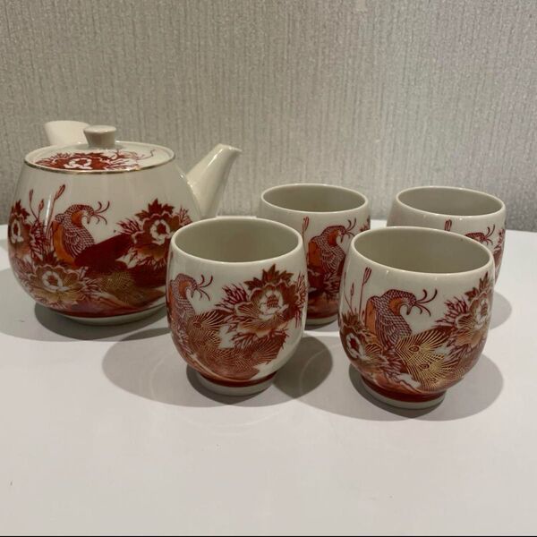 九谷焼 赤絵鳳凰 花鳥金彩 急須湯呑みセット