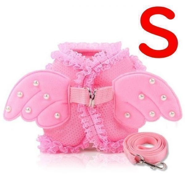 レース&メッシュ地☆天使の羽★ハーネス&リード★ ピンク【S】 胴輪 ビジューが可愛い♪着せやすい♪おしゃれ♪【S ピンク】犬 猫 ペット