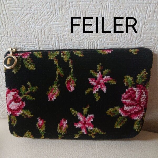 フェイラー FEILER ミニポーチ ブラック シュニール織 花柄 薔薇