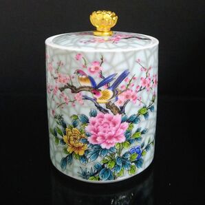 シノワズリ 中国 牡丹と鳥の茶筒 エナメルセラミック 琺瑯彩 新品未使用