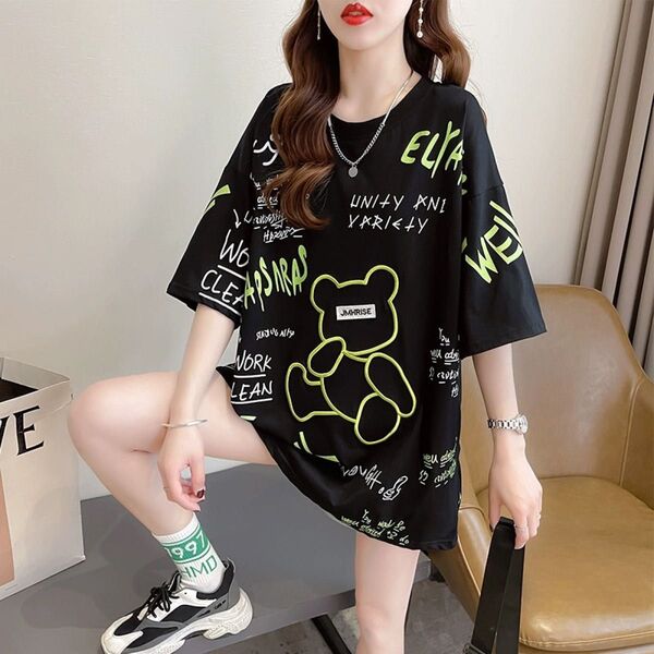 新品 半袖 Tシャツ クマ ロゴ ゆったりオーバーサイズ ユニセックス XL 黒 ブラック ゆったり トップス 丸首