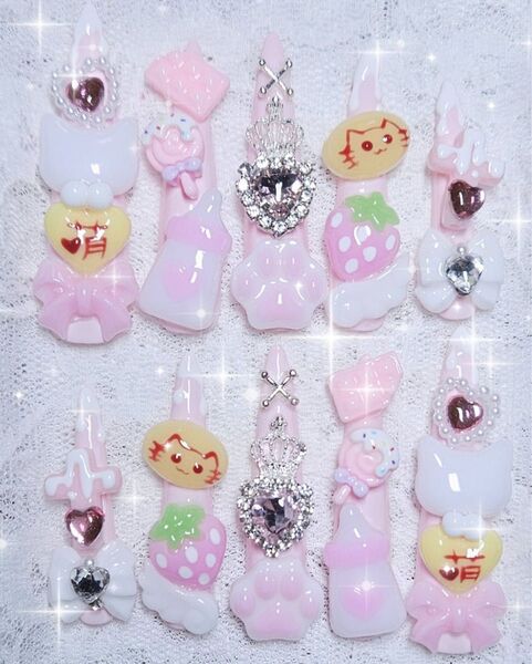 113 現品 ネイルチップ ピンク 量産型 地雷 ロリータ ゆめかわ 魔法少女 平成女児 ゴテゴテ フレンチガーリー オムライス