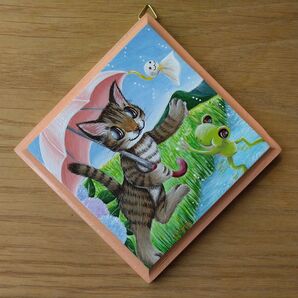 猫のミニパネル6月・雨3(一辺約10cm)ハンドメイド インテリア雑貨 絵 猫雑貨 壁掛け飾り キジトラ猫