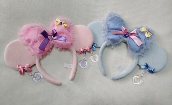 廃盤品 ディズニー ミニー イヤリング チュールリボン ハート カチューシャ ピンク&ブルー 2個セット