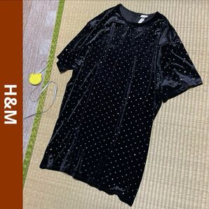 H&M エイチアンドエム レディース ベロア スタッズ付き ミニワンピース 半袖 ワンピース 黒 ブラック