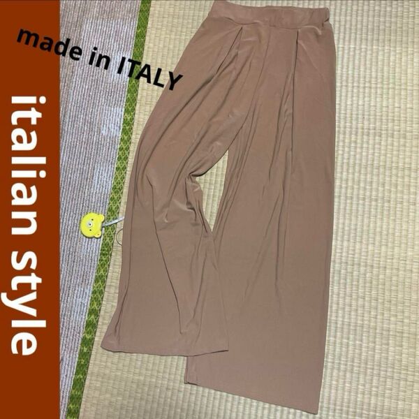 italian style イタリア製 レディース 春夏 ウエストゴム とろみ イージーパンツ ワイドパンツ ブラウン ボトムス