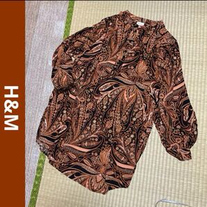 H&M レディース バンドカラー チュニック ペイズリー オレンジ ブラック 長袖 総柄 シャツ 薄手 春夏 42