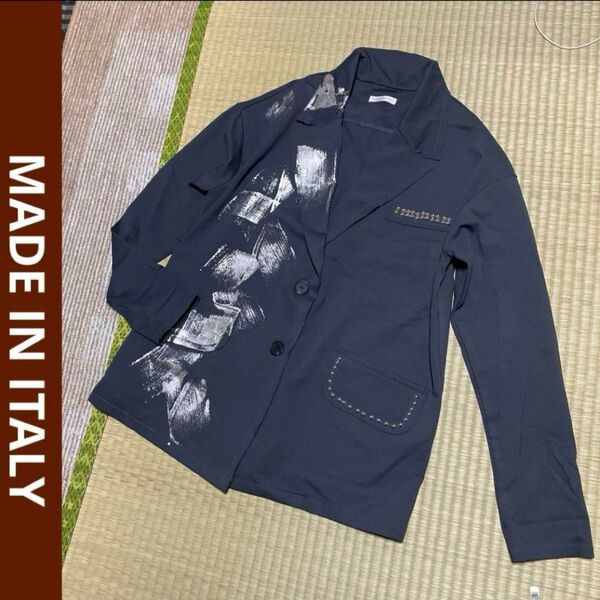 MADE IN ITALY テーラードジャケット ジャケット 長袖 薄手 ストレッチ グレー系 ラメ プリント スタッズ