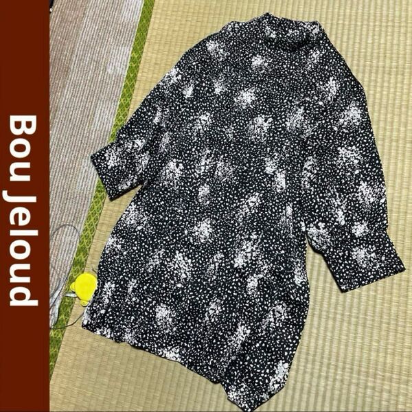 Bou Jeloud ブージュルード 総柄 つるつる光沢 スタンドカラー チュニック ワンピース トップス 七分袖 羽織りにも★
