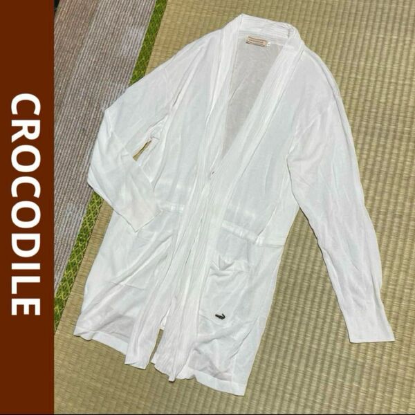 CROCODILE クロコダイル ショールカラー ロングカーディガン 長袖 羽織り 白 L カーディガン ニット 薄手