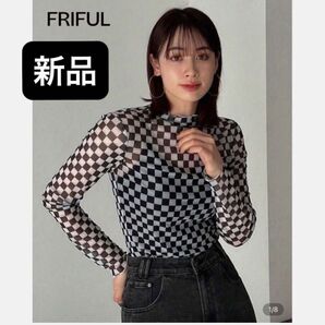 【新品】ラスト1点!★大人気商品★ FRIFUL スタンドカラーガウンチェック柄Tシャツ ブラック&ホワイト