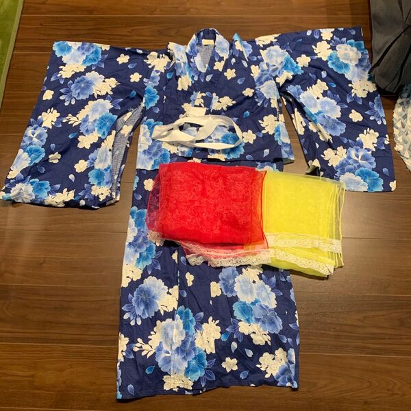 子ども 浴衣 青花柄 帯2枚 女の子