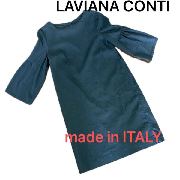 LAVIANA CONTI 七分袖ワンピース ブラック 麻混 イタリア製 オシャレなお袖 ストンとしたスタイル