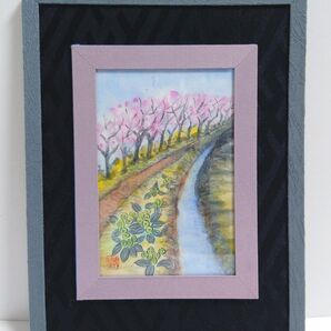 墨彩画 絵画 和服リフォーム額 風景画 桜 サクラ さくら 菜の花 フキノトウ ふきのとう 川 絵 イラスト