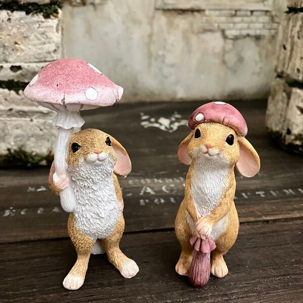 うさぎ置物 2個セット きのこ インテリア オブジェ