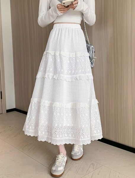レディースフレアスカート レース ティアードスカート フリーサイズ ウエストゴム