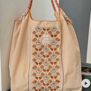 花柄ライン刺繍バッグ ベージュ エコバッグ トートバッグ