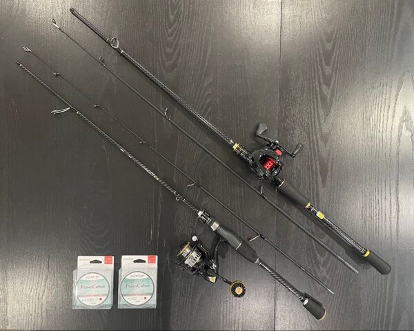 ★送料無料&ラインダブル付き★バス釣りダブルセット・2ピースベイトロッド&ベイトリール右巻き・2ピーススピニングロッド&リール