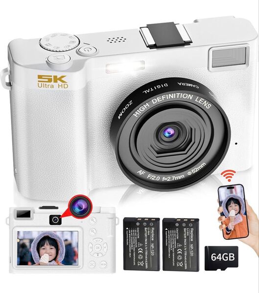 WIFI転送機能 デジタルカメラ スマホに送れるデジカメ 5K 6400万画素 デュアルレンズ 64GBマイクロSDカード付き