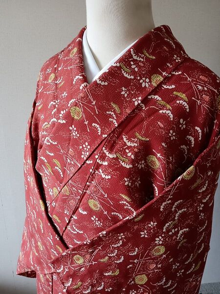 小紋 袷 赤 裄丈65cm 身丈154cm 25D-50