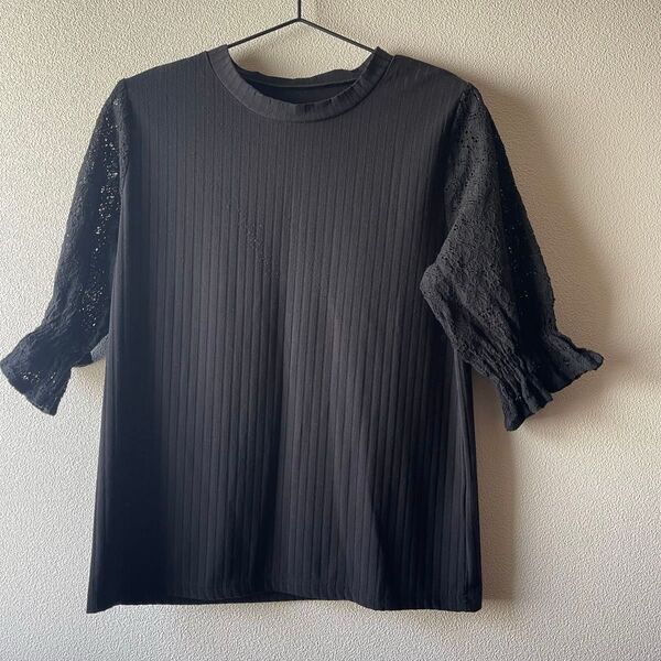 レディース トップス 黒 ブラック 袖レース M〜L