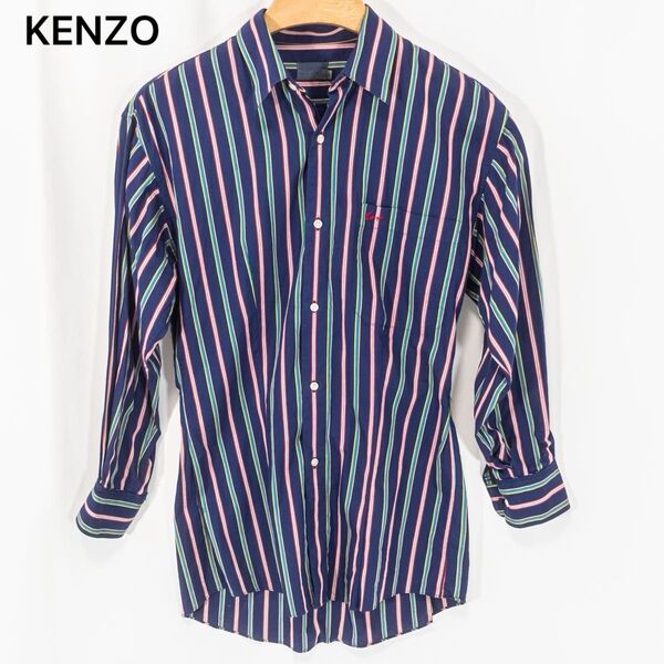 KENZO ケンゾー オールド 長袖シャツ 縦ストライプ ヴィンテージ 古着 刺繍ロゴ ネイビー系 メンズ