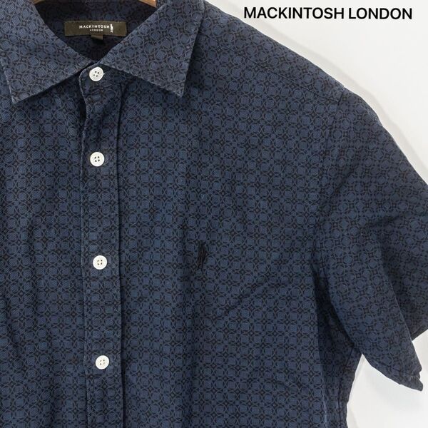 ☆美品☆MACKINTOSH LONDON マッキントッシュロンドン 半袖シャツ リネン混 麻 刺繍ロゴ 総柄 メンズ