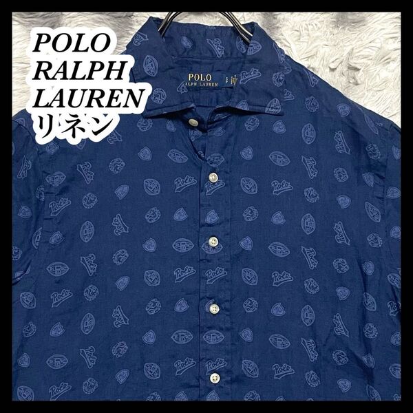【POLO RALPH LAUREN】リネン マルチロゴ総柄半袖シャツ SP メンズ Sサイズ 麻 リネンシャツ ラルフローレン