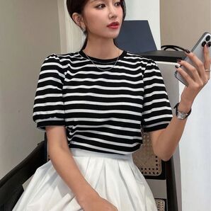 shein ボーダーパフスリーブトップス