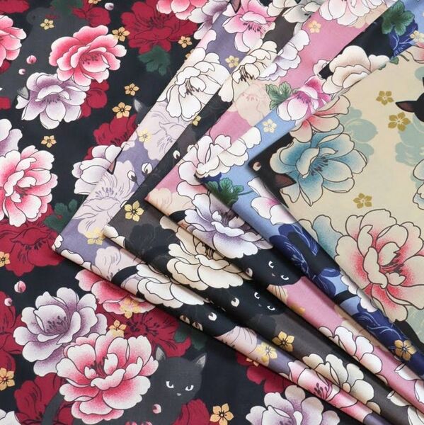 QuiltGate キルトゲイト 百華繚蘭 黒猫と牡丹 シーチング(55cm×50cm)×6色 ネコ 動物 花 生地 コットン
