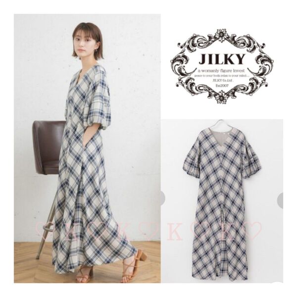新品タグ付き JILKY SCOT CLUB チェックVネックロングワンピース Aga. ロングワンピース チェック 大人可愛い