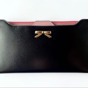 送料込み 定期券入れ 小銭入れ 薄型 長財布 多収納 黒×コーラルピンク