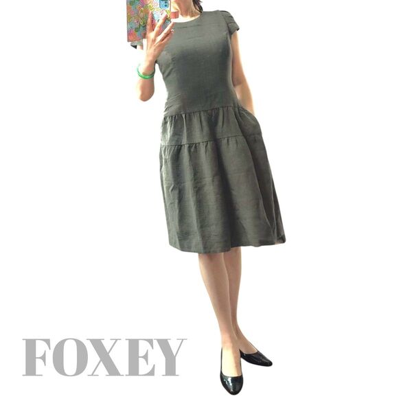 【美品】FOXEY グレー 半袖 ティアードワンピース40 Mサイズ 大人可愛い パーティー