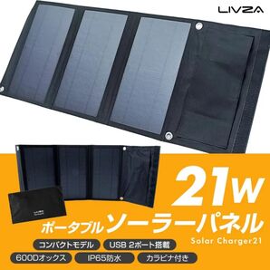 ソーラーパネル 小型 21W 折りたたみ式 防水 2ポート スマホ充電 防災 カラビナ チャージャー