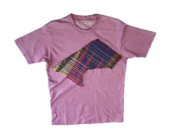 ピンク さおり織コラージュTシャツ 半袖 春夏 Sサイズ相当 古着