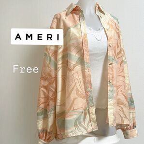 【AMERI】マーブル シアー メディマノン シャツブラウス 長袖 トップス ゆったり 透け感 羽織り アメリ Fsize J