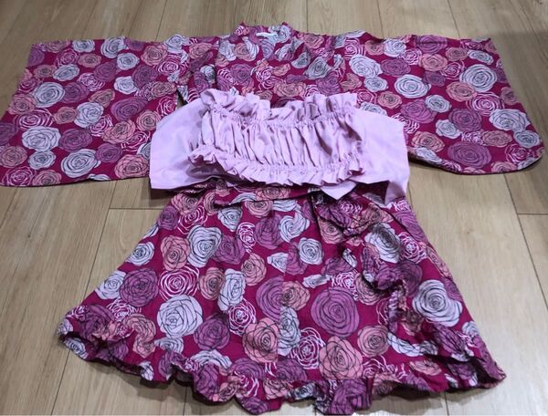 ブランシェス 浴衣 帯付き110cm ローズ バラ 花柄 ワンピース 浴衣ドレス☆ お祭り 花火大会 女の子