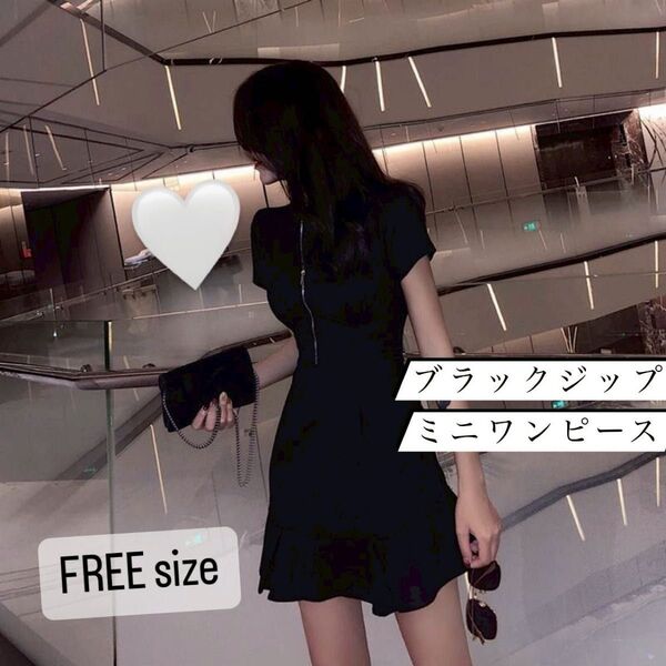新品 ワンピース ジップ フレアワンピ ミニ丈 半袖 ブラック Aライン シンプル 大人女子 レディース TH68