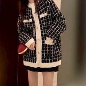 新品 カーディガン ツイード 黒 ゆったり ニット 長袖 ガーリー 柔らか 羽織り 可愛い 秋冬 韓国ファッション TH29
